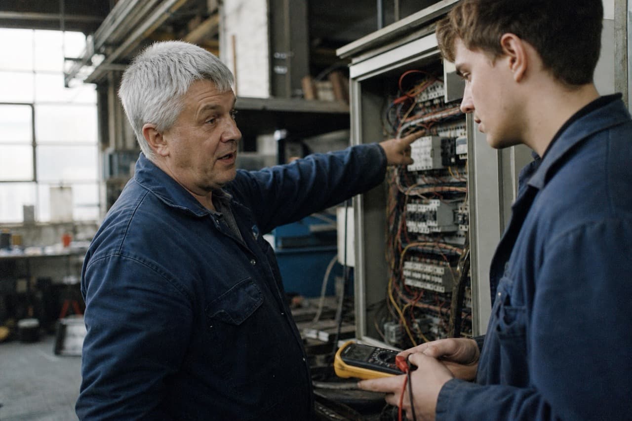 Senior engineer explaining a control panel fault to a younger colleague on the workshop floor